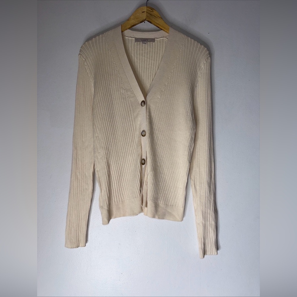 Loft Cream V Neck Button Down‎ Ribbed Cardigan XL